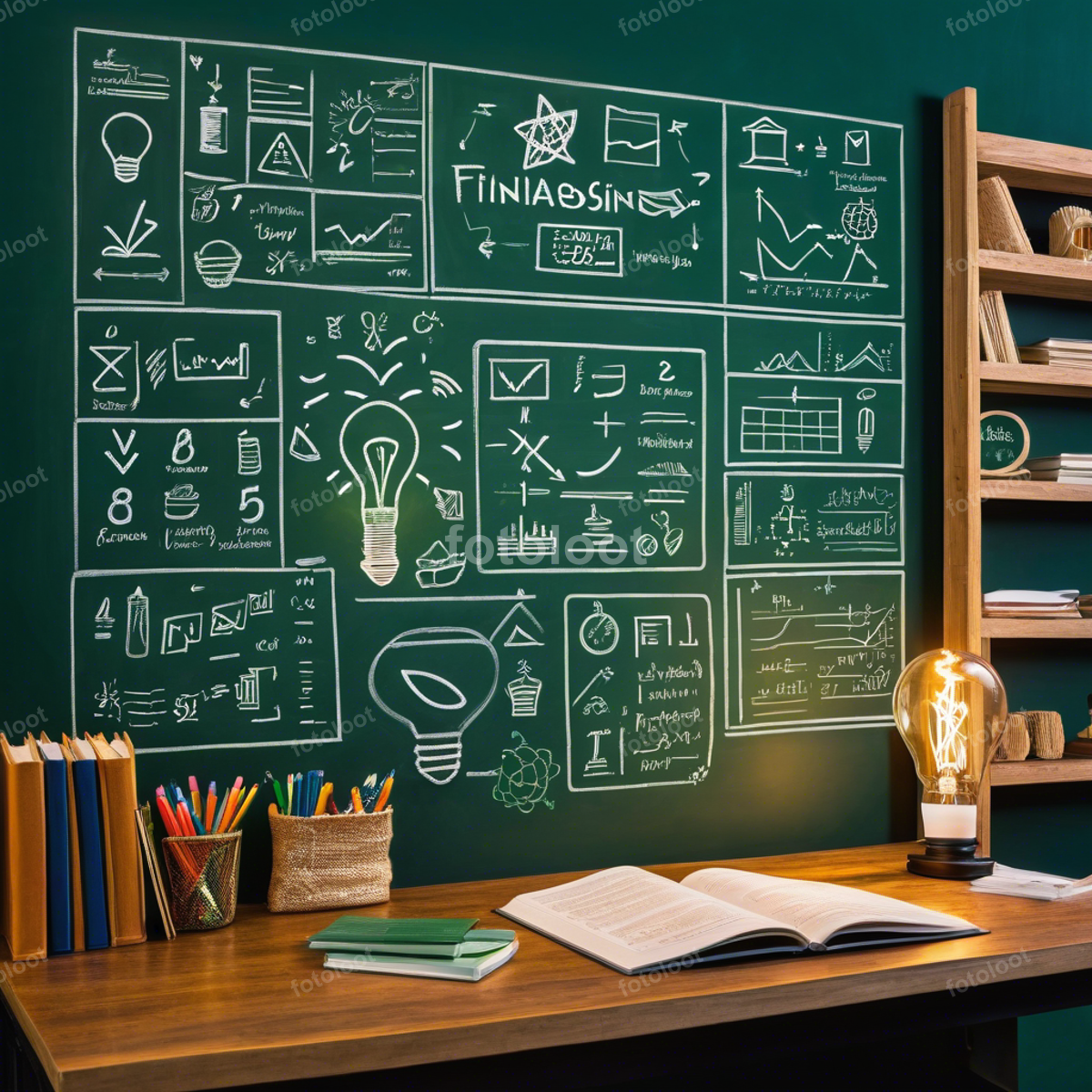 Education: blackboard, book, bookshelf