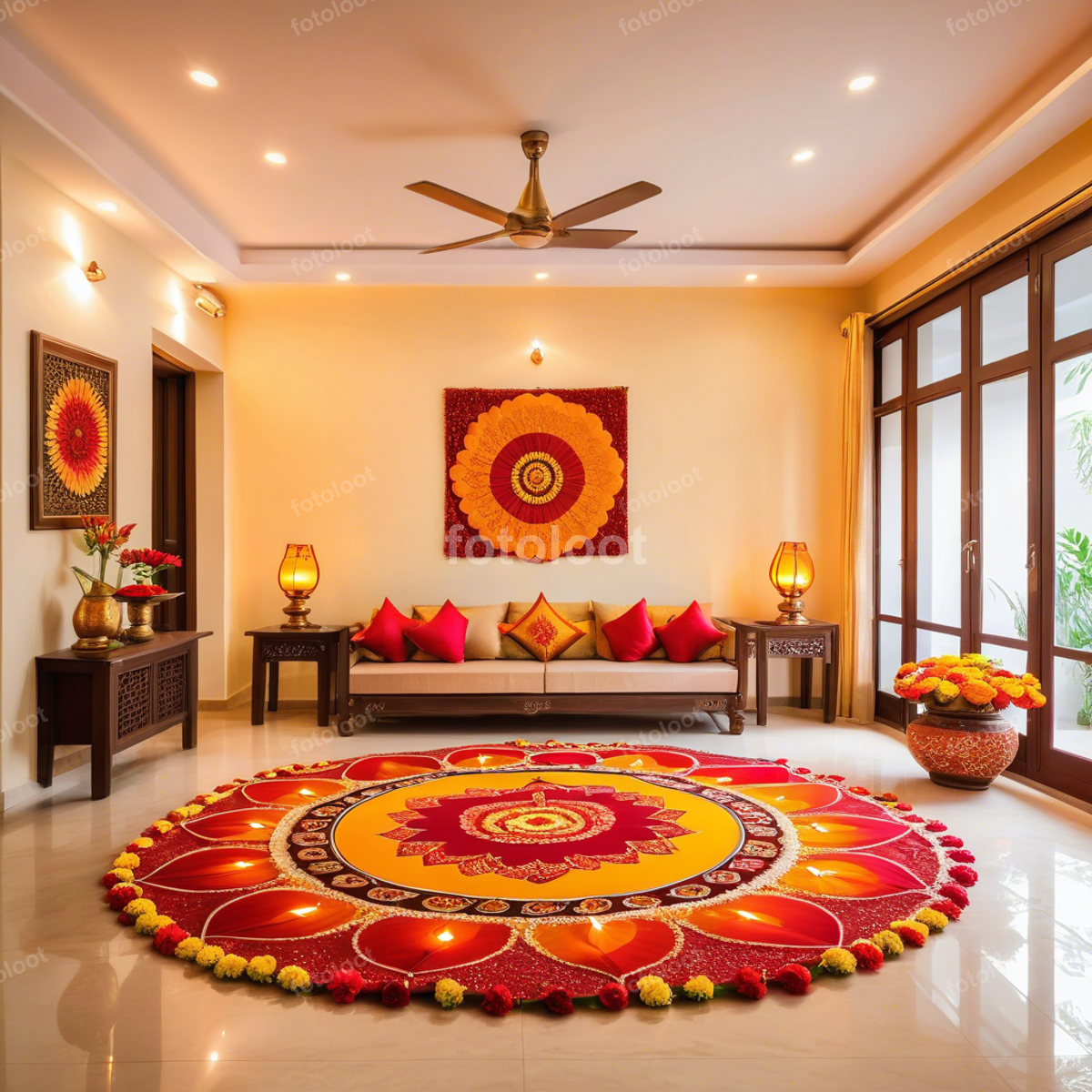 Festivals & Culture: lamp, ceiling fan, couch
